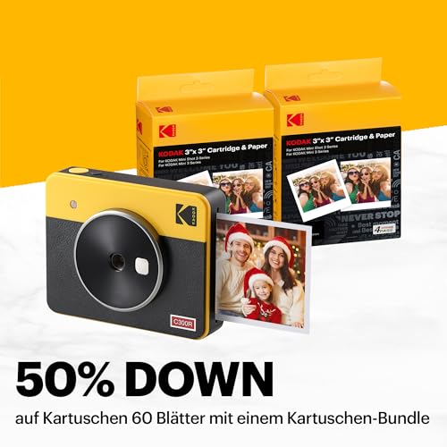 Kodak Mini Shot 3 Retro 4PASS 2 in 1 Sofortbildkamera und Fotodrucker, Tragbar (7,6 x 7,6 cm)   Paket mit 68 Blatt, Weiß