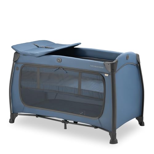 hauck Kinderreisebett Play N Relax Center mit Neugeboreneneinhang, Wickelauflage, Transporttasche, XL Schlupf, Klein Zusammenklappbar, Baby Reisebett Kleinkind ab Geburt bis 15 kg (Dark Blue)