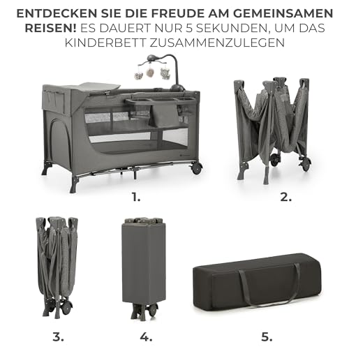 Kinderkraft JOY 2 ACC Kinderbett, 3 in 1 Kinderreisebett, Babybetten, Kinderbett, Reisebett, Modernes Design, Kleine Abmessungen nach Zusammenklappe, Praktisches Zubehör, Räder, Dunkelgrau