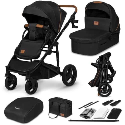 LIONELO Mari Tour 2 in 1 Kinderwagen bis 22kg mit Babywanne verstellbare Rückenlehne Zusammenklappbar 5 Punkt Gurt Große 360 geländegängige Räder dreifache Dämpfung Verdeck XXL Buggy Baby Stroller