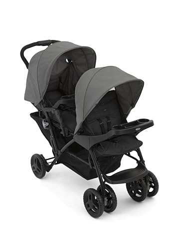 Graco Stadium Duo Geschwisterwagen, Zwillingswagen, 0 15 kg, auch mit Babyschale nutzbar, verstellbare Rückenlehnen, zusammenklappbar, freistehend, großer Staukorb, inkl. Snacktabletts, Titanium