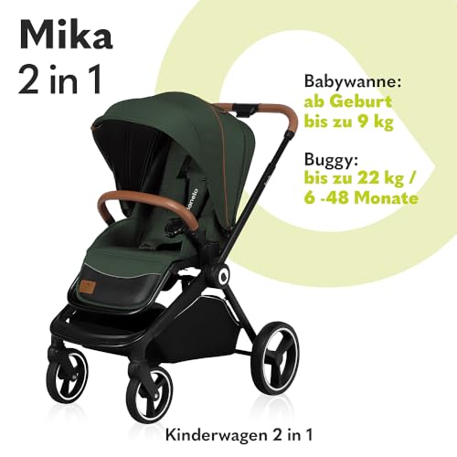 LIONELO Mika 2in1 Kombikinderwagen. Babywanne, Kinderwagen, Buggy. Regenschutz, Schultergurt zum Transport, Matratze, Moskitonetz, Fußabdeckung, wasserdichtes Material, Gummiräder (GREEN FOREST)