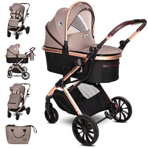 Lorelli Kinderwagen Glory 2 in 1 inkl. Babywanne und Sportsitz, Baby Kombikinderwagen bis 22kg, Zusammenklappbar, Große Gummireifen, Großer Einkaufskorb, Fußsack, Federung, Organizer Tasche, Beige