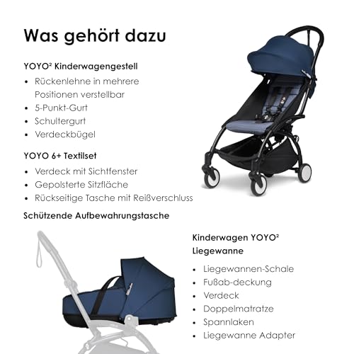 BABYZEN YOYO2 Kompletter Kinderwagen   Inklusive YOYO Liegewanne (Navy Blue), Kinderwagengestell (Black) &amp; 6  Textilset (Air France Blue)   für Kleinkinder bis 22 kg