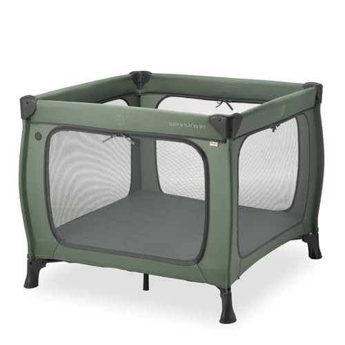 hauck Kinderreisebett &amp; Laufstall Sleep N Play SQ Set mit Matratze 5 cm dick, Klein Zusammenklappbar, Inklusive Tragetasche, für Babys &amp; Kinder ab Geburt bis 15 kg (Dark Green)