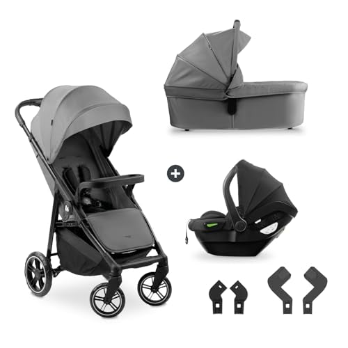 hauck 3in1 Kinderwagen Set Shop N Care Trio Set inkl. Buggy, Babywanne, Babyschale ab Geburt bis 22 kg, Klein Zusammenklappbar, Liegefunktion, Getränkehalter &amp; Tablett, UV Schutz 50  (Grey)