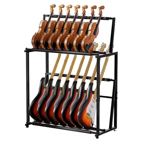 Gitarrenständer, zusammenklappbar, für 14 Stehböden, mehrere Gitarren, verstellbarer Metall Gitarrenaufbewahrungshalter mit weichem Schwamm, abnehmbar in zwei separate Gitarrenhalterungen.