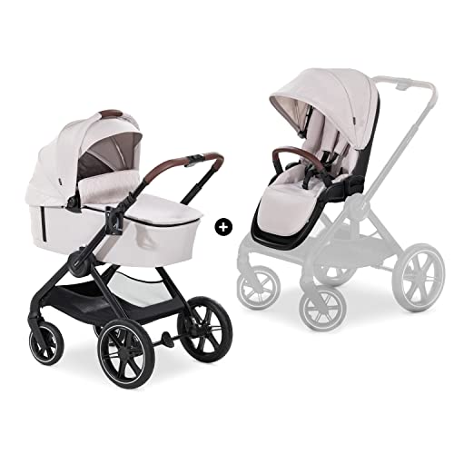 hauck 2in1 Kinderwagen mit Gummireifen Walk N Care Set ab Geburt bis 22 kg   3 kg Korb, Wanne mit Memory Knöpfen, Sitz mit Liegefunktion Wendbar Höhenverstellbar, Teleskopgriff, UPF 50  (Beige)