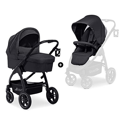 hauck Kinderwagen 2 in 1 Saturn R Duoset ab Geburt bis 22 kg, mit Babywanne &amp; Wendbaren Buggysitz mit Liegefunktion, UPF 50 , Höhenverstellbar, Getränkehalter, Klappbar, Korb bis 3 kg (Melange Black)
