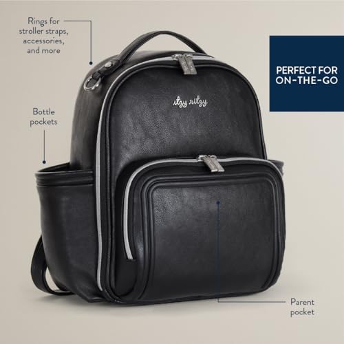 Itzy Ritzy Wickeltasche Rucksack – Große Kapazität Boss Rucksack Wickeltasche mit Flaschentaschen, Schwarz mit silberfarbenen Beschlägen – Plus