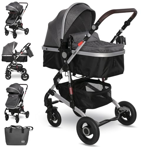 Lorelli Kinderwagen Alba 2 in 1 mit Federung, Umwandelbar in Sportsitz, Baby Kombikinderwagen bis 15kg, Zusammenklappbar, Große Gummireifen, Großer Einkaufskorb, Organizer Tasche, Grau