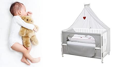 roba Beistellbett 60 x 120 cm   Adam &amp; Eule Room Bed   Babybett zum Anstellen an Elternbett   Inklusive Matratze, Bettwäsche, Himmel   Mobil &amp; Höhenverstellbar   Holz weiß
