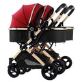 Doppel Kinderwagen nebeneinander, Tandem Kinderwagen for Säuglinge und Kleinkinder, faltbarer Baby Kinderwagen mit stoßdämpfendem Regenschirm und verstellbarer Rückenlehne (Color : Red)