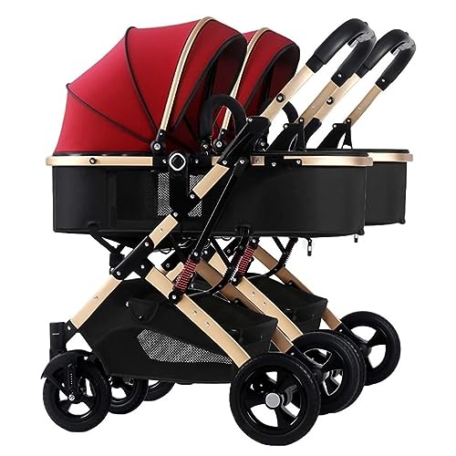 Doppel Kinderwagen nebeneinander, Tandem Kinderwagen for Säuglinge und Kleinkinder, faltbarer Baby Kinderwagen mit stoßdämpfendem Regenschirm und verstellbarer Rückenlehne (Color : Red)