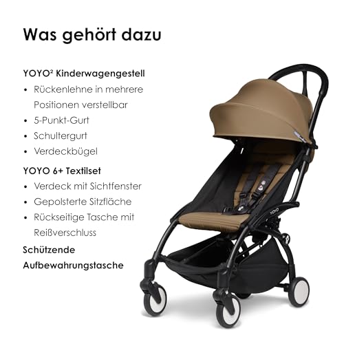 BABYZEN YOYO2 Kinderwagen (Kinderwagengestell Black und 6  Textile Set Toffee)   mit Gurt, Rückenlehne, Verdeckbügel, Schultergurt, Aufbewahrungstasche, Sitzpolster und farbgleichem Verdeck