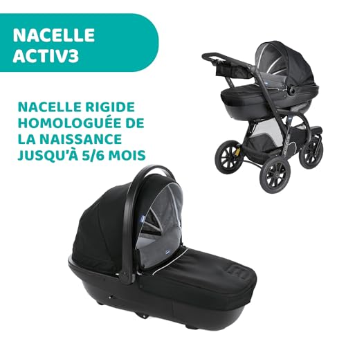 Chicco Activ3 Kinderwagenaufsatz, geräumig und gepolstert, für Activ3 Kinderwagen, mit Belüftungssystem, verstellbare Rückenlehne, für die ersten Tage des Lebens des Babys, schwarz