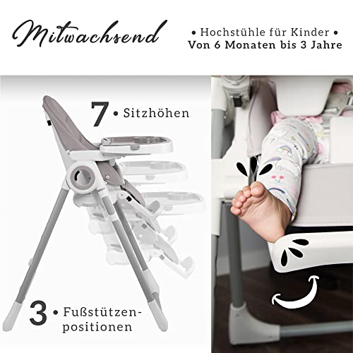 Sweety Fox Hochstuhl Baby mit Liegefunktion   Verstehllbar und Klappbar, Kinderstuhl mit Sicherheitsgurt   Mitwachsender Kinderhochstuhl 6 Monaten bis 3 Jahren, max. 15 kg   Grau