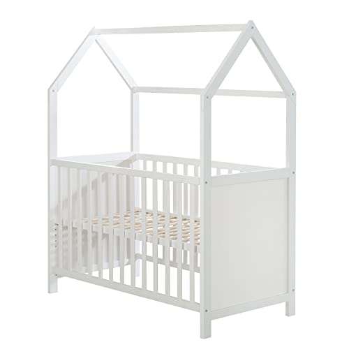 Kinderbett, Hausbett 60 x 120 cm, FSC zertifiziert, weiss, 6 fach verstellbar, als Baby  &amp; Beistellbett komplett mit Wickelplatte