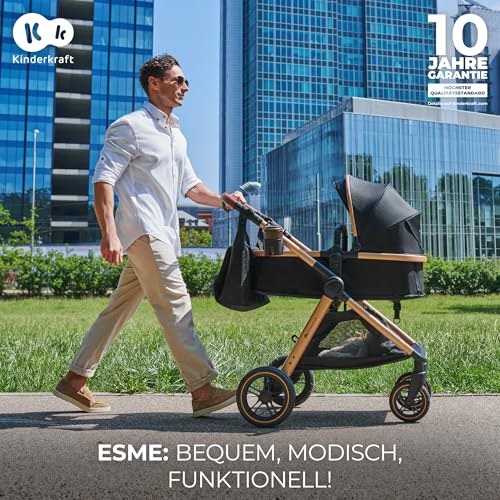Kinderkraft ESME Kinderwagen 3 in 1 komplettset bis 26 kg, Kombikinderwagen reisesysteme mit Babyschale I size 40 75 cm, Zusammenklappen, Liegeposition, Schwarz