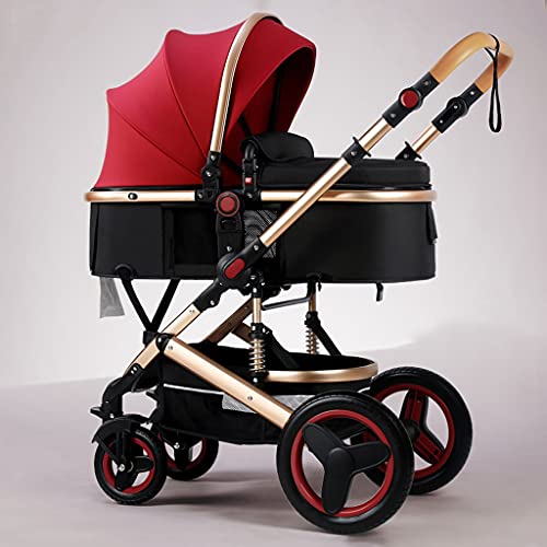 2 In 1 Konvertierbarer Baby Kinderwagen Bassinet Kinderwagen,Stoßsicherer Luxus Kinderwagen Für Neugeborene Und Kleinkinder, Hochformatiger Sitz Baby Buggy (Color : Red)