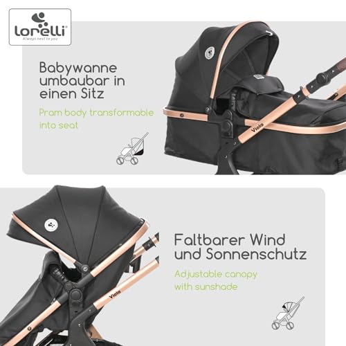 Lorelli Viola Kinderwagen 2 in 1, Umwandelbar in Sportsitz, Baby Kombikinderwagen bis 22kg, Zusammenklappbar, Große Gummireifen, Großer Einkaufskorb, Fußsack, PU Leder, Organizer Tasche, Schwarz