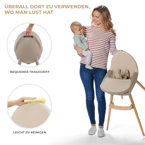 Kinderkraft Hochstuhl FINI2 2 in 1, Kinderhochstuhl, Babystuhl, Kombihochstuhl, Beine aus Holz, Sicherheitsgurte, Fußstütze, Doppeltablett, ab 6 Monate bis 5 Jahre, 5 Punkt Gurte, Beige