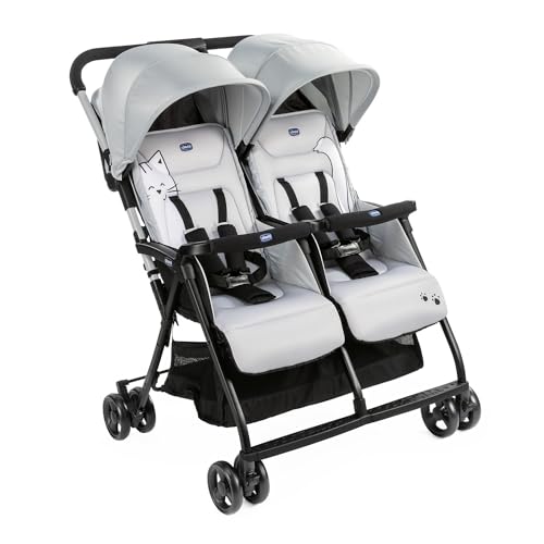 Chicco OHlalà Twin Geschwisterwagen von Geburt bis 15 kg,Kinderwagen für Zwillinge und Geschwister,Verstellbarer Faltbarer Zwillingsbuggy,Regenschutz und Ausziehbares Verdeck,Silber,1 Stück (1er Pack)