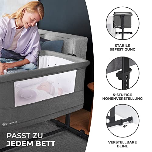 Kinderkraft NESTE GROW 3 in 1 Babybett, Beistellbett baby, Kinderbett ab Geburt für 2 Jahre, mit Matratze Transporttasche Rollen, Höhenverstellung in 5 Stufen, verstellbaren Matratzenwinkel, Grau