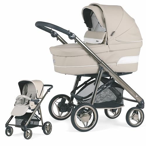 BEBECAR Zweiteiliger Kinderwagen V Plume Specials, inklusive Gestell mit Korb, Babywanne komplett mit Matratze und Buggy mit ausziehbarem Verdeck, Gestell Fumé, Farbe KP122