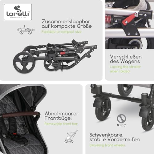 Lorelli Kinderwagen Alba 2 in 1 mit Federung, Umwandelbar in Sportsitz, Baby Kombikinderwagen bis 15kg, Zusammenklappbar, Große Gummireifen, Großer Einkaufskorb, Organizer Tasche, Grau