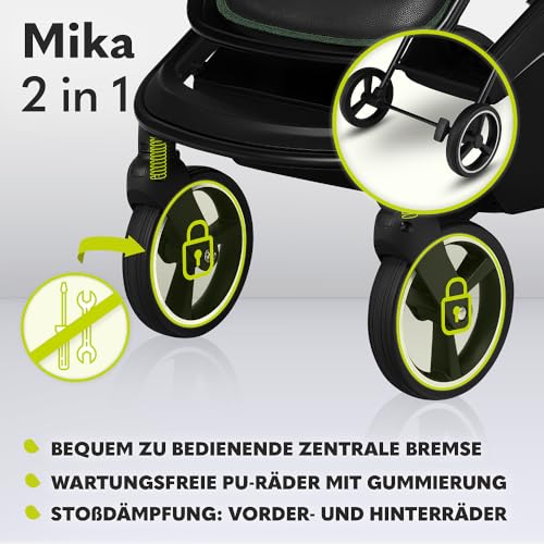 LIONELO Mika 2in1 Kombikinderwagen. Babywanne, Kinderwagen, Buggy. Regenschutz, Schultergurt zum Transport, Matratze, Moskitonetz, Fußabdeckung, wasserdichtes Material, Gummiräder (GREEN FOREST)