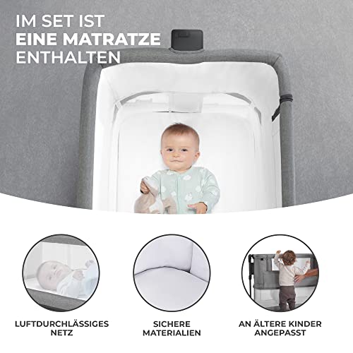 Kinderkraft NESTE GROW 3 in 1 Babybett, Beistellbett baby, Kinderbett ab Geburt für 2 Jahre, mit Matratze Transporttasche Rollen, Höhenverstellung in 5 Stufen, verstellbaren Matratzenwinkel, Grau