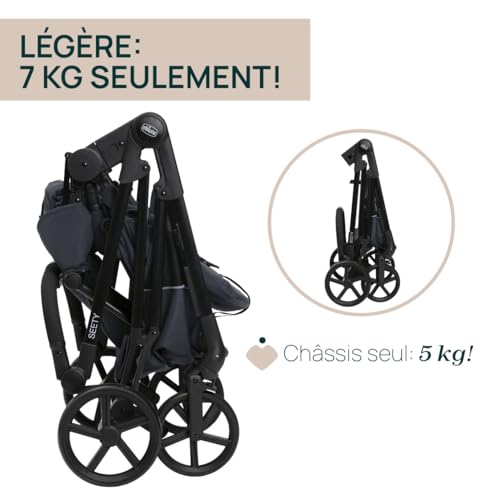 Chicco Kinderwagen Seety, Leicht und kompakt, von 0 Monaten bis 4 Jahren, bis 22 kg, faltbar, verstellbare Rückenlehne, automatischer 1 Stufen Verschluss, Sonnendach und Regenschutz
