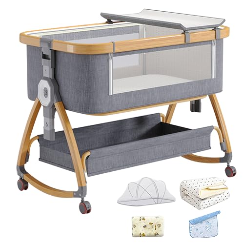 KMDZDZGS Beistellbett Baby, 3 in 1 Babybett mit Rollen, Wiegenbett Baby, Tragbar Beistellbett mit Laken und Kissen, Verstellbares Beistellbett, Kinderbett mit Moskitonetz, Babywiegenbett, Grau