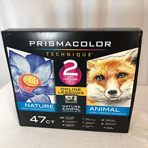 Prismacolor Technik, Kunstbedarf und digitaler Kunstunterricht, Tier  und Naturzeichnungsset, Stufe 1, Zeichnen lernen mit Buntstiften, Graphitstiften und mehr, Fuchs  und Blumenzeichnung, 47 teiliges
