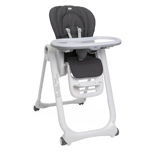 Chicco Polly Magic Relax Hochstuhl für 0 Monate   3 Jahre (15 kg), verstellbar mit 4 Rädern, neigbar zur Babywippe, kompakte Verriegelung, Spielbügel und Verkleinerungskissen, grau
