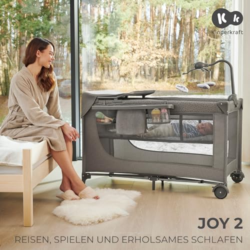 Kinderkraft JOY 2 ACC Kinderbett, 3 in 1 Kinderreisebett, Babybetten, Kinderbett, Reisebett, Modernes Design, Kleine Abmessungen nach Zusammenklappe, Praktisches Zubehör, Räder, Dunkelgrau