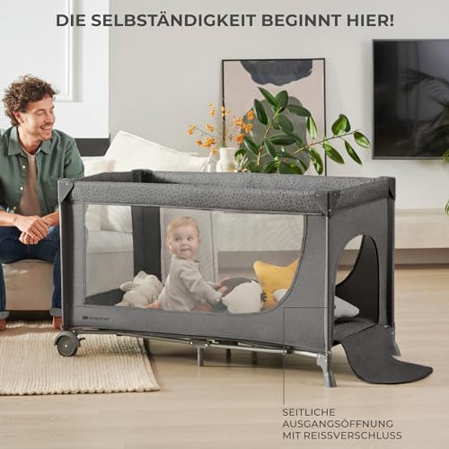 Kinderkraft JOY 2 ACC Kinderbett, 3 in 1 Kinderreisebett, Babybetten, Kinderbett, Reisebett, Modernes Design, Kleine Abmessungen nach Zusammenklappe, Praktisches Zubehör, Räder, Dunkelgrau