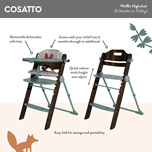 Cosatto Waffle Hochstuhl aus Holz – Geburt  100kg, verstellbarer Sitz, faltbar, anpassbare Fußstütze, abnehmbares, waschbares Tablett und Sitzpolster (Old Macdonald)