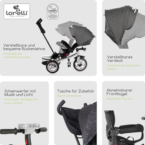 Lorelli Dreirad Speedy ab 1 Jahr mit Schubstange, Tricycle 360 drehbar, 3 Punkt Sicherheitsgurt, Verstellbarer Elterngriff, Freilaufrad Funktion, Luftreifen, Spielzeugkorb, rot schwarz