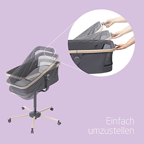 Maxi Cosi Alba All in 1 Stubenwagen, Einfacher Wechsel Zwischen Baby Stubenwagen, Baby Wiege und Hochstuhl, 0 Monate 3 Jahre (15 kg), Kompatibel mit Maxi Cosi Alba Meal kit, Beyond Graphite