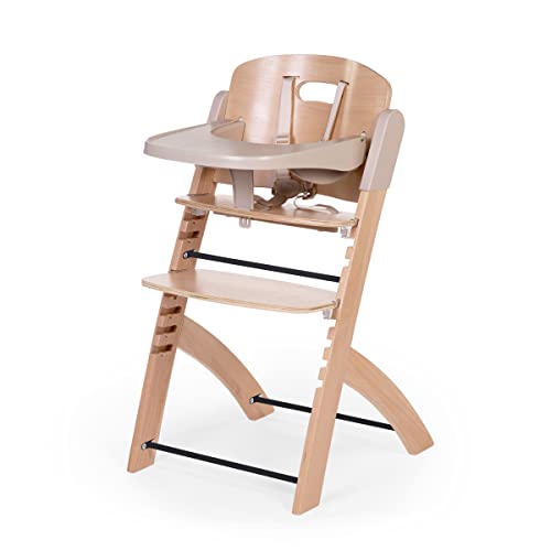 CHILDHOME, Hochstuhl für Babys, mitwachsend : von 0 Monaten bis 85KG, Inklusive Tablett, Buchenholz, Bügel, Sicherer 5 Punkt Gurt, Unsichtbare Schrauben, Evosit Natur Beige