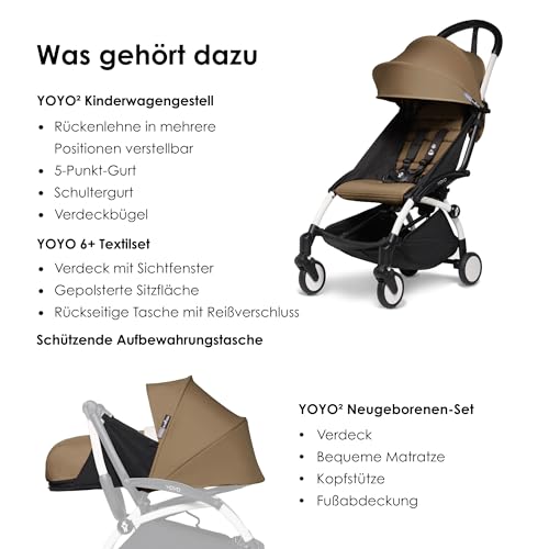BABYZEN YOYO2 Kompletter Kinderwagen   Inklusive YOYO 0  Neugeborenen Set (Toffee), Kinderwagengestell (White) &amp; 6  Textilset (Toffee)   für Kleinkinder bis 22 kg