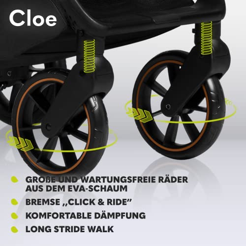 LIONELO Cloe Zusammenklappbarer Kinderwagen bis zu 22 kg, Verstellbare Rückenlehne Schlaffunktion, 5 Punkt Gurt Große Schwenkräder Moskitonetz Becherhalter Leichtgewicht Kompakt Wasserdicht (Schwarz)