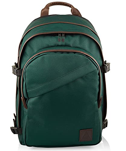 Invicta Round Plus Backpack Geräumiger Rucksack, praktisch &amp; unisex, mit Laptopfach für Uni, Arbeit, Reise &amp; Fahrrad; Daypack, grün/braun   mit Lederdetails &amp; italienisches Design