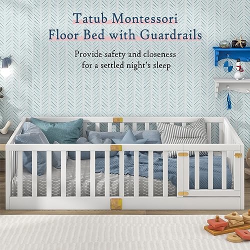 Tatub Twin Montessori Bett mit Sicherheitsgeländer und Tür, Holzrahmenbetten für Kinder, Tür kann links und rechts installiert werden, Weiß