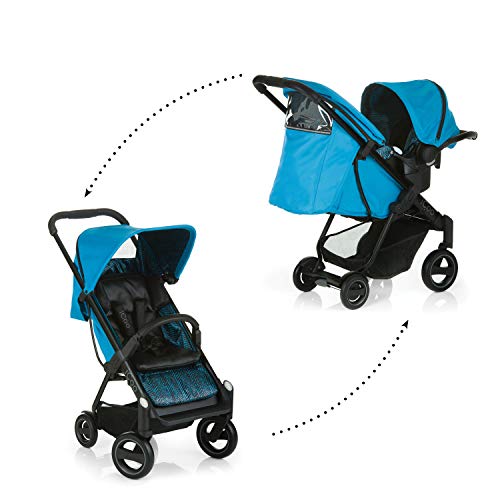 iCOO Acrobat Shop’n Drive höhenverstellbarer Buggy bis 18 kg mit Liegefunktion und Fußsack   Babyschale ab Geburt, mit einer Hand klein klappbar, leicht, Reflektoren – Blau