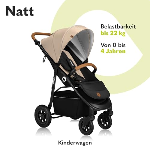 LIONELO Natt Kinderwagen Buggy bis zu 22 kg Verstellbarer Griff und Verstellung der Rückenlehne zur Liegeposition, 5 Punkt Gurt Große Offroad Räder Vollständige Stoßdämpfung Wasserdichtes XXL Verdeck