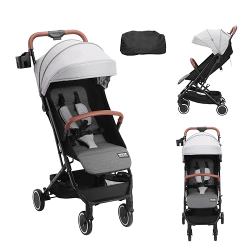VEVOR Standard Kinderwagen, mit 95° 175° verstellbarer Rückenlehne und 0/90° verstellbarer Fußstütze und Ein Klick Faltfunktion, Kinderbuggy mit Getränkehalter und Tragetasche, Hellgrau