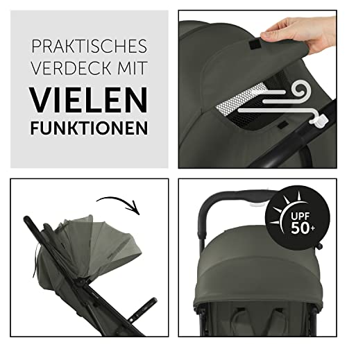 hauck Reise Buggy Travel N Care für Kinder ab Geburt bis 22 kg mit Liegefunktion, Ultraleicht   6,9 kg, Einhändig Klein Zusammenklappbar, UPF 50 , EVA Räder, Korb bis 3 kg (Dark Olive)